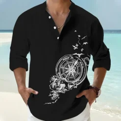 Clearance OUKU Men's Bird Nautical Vintage Shirt Button Up Shirt Long Sleeve Vintage Fashion Streetwear Casual Going out Summer Spring Fall Stand Collar Print Black Pink Orange Green Khaki