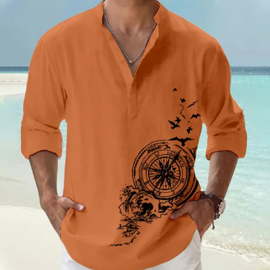 Clearance OUKU Men's Bird Nautical Vintage Shirt Button Up Shirt Long Sleeve Vintage Fashion Streetwear Casual Going out Summer Spring Fall Stand Collar Print Black Pink Orange Green Khaki