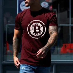 New OUKU Men's Bitcoin T Shirt Casual Style 100% Cotton Short Sleeve Graphic Shirt Wine Black White Comfortable Tee Vacation Casual Fashion Designer Clothing