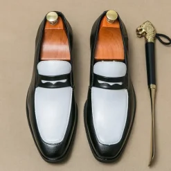 OUKU Men's Black and White Faux Leather Loafers with Cut-Out Strap Detail - Elegant Slip-On Shoes for Formal and Business Attire