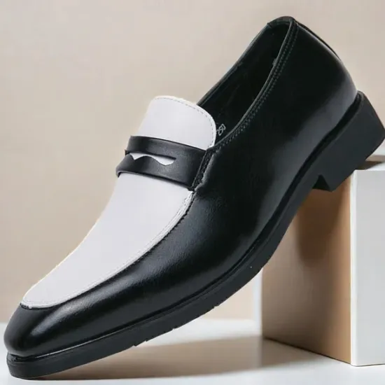 OUKU Men's Black and White Faux Leather Loafers with Cut-Out Strap Detail - Elegant Slip-On Shoes for Formal and Business Attire