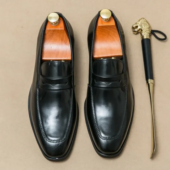 OUKU Men's Black and White Faux Leather Loafers with Cut-Out Strap Detail - Elegant Slip-On Shoes for Formal and Business Attire