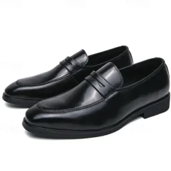 OUKU Men's Black and White Faux Leather Loafers with Cut-Out Strap Detail - Elegant Slip-On Shoes for Formal and Business Attire