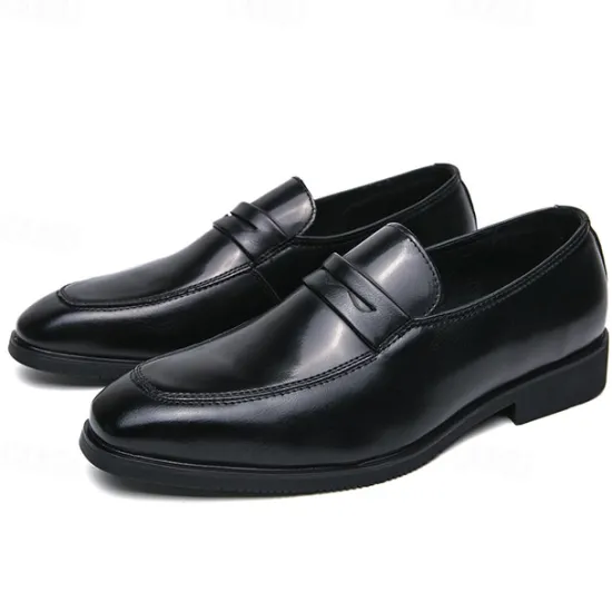 OUKU Men's Black and White Faux Leather Loafers with Cut-Out Strap Detail - Elegant Slip-On Shoes for Formal and Business Attire