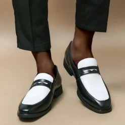OUKU Men's Black and White Faux Leather Loafers with Cut-Out Strap Detail - Elegant Slip-On Shoes for Formal and Business Attire