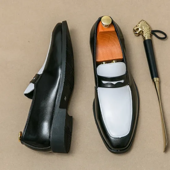 OUKU Men's Black and White Faux Leather Loafers with Cut-Out Strap Detail - Elegant Slip-On Shoes for Formal and Business Attire