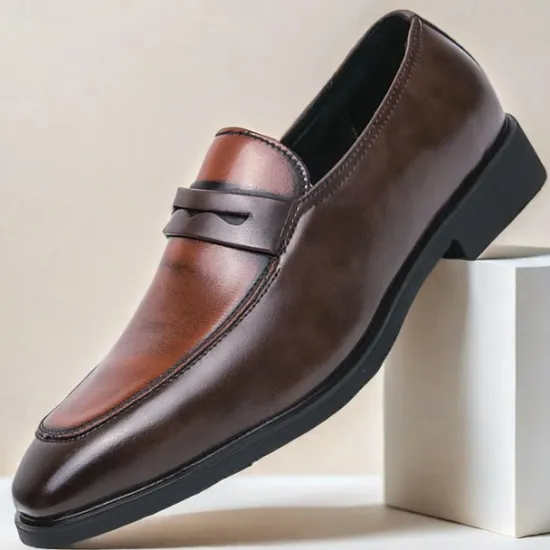 OUKU Men's Black and White Faux Leather Loafers with Cut-Out Strap Detail - Elegant Slip-On Shoes for Formal and Business Attire