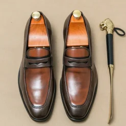 OUKU Men's Black and White Faux Leather Loafers with Cut-Out Strap Detail - Elegant Slip-On Shoes for Formal and Business Attire
