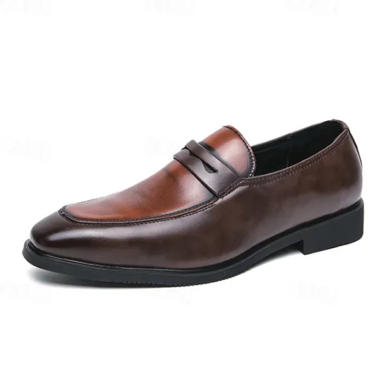 OUKU Men's Black and White Faux Leather Loafers with Cut-Out Strap Detail - Elegant Slip-On Shoes for Formal and Business Attire