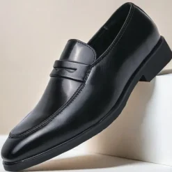 OUKU Men's Black and White Faux Leather Loafers with Cut-Out Strap Detail - Elegant Slip-On Shoes for Formal and Business Attire