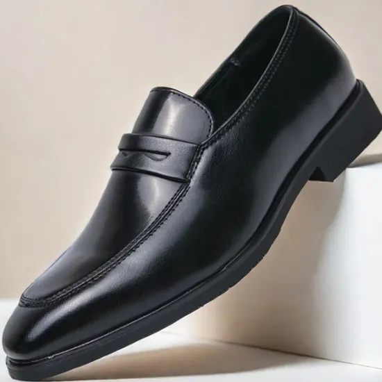 OUKU Men's Black and White Faux Leather Loafers with Cut-Out Strap Detail - Elegant Slip-On Shoes for Formal and Business Attire