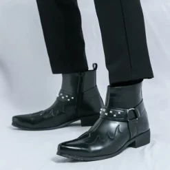 Hot OUKU Men's Black Faux Leather Ankle Boots with Studded Strap and Unique Embroidery, Stylish Western Design, Perfect for Casual and Night Out Wear