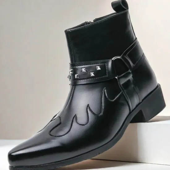 Hot OUKU Men's Black Faux Leather Ankle Boots with Studded Strap and Unique Embroidery, Stylish Western Design, Perfect for Casual and Night Out Wear