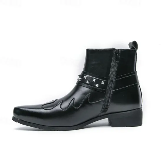 Hot OUKU Men's Black Faux Leather Ankle Boots with Studded Strap and Unique Embroidery, Stylish Western Design, Perfect for Casual and Night Out Wear