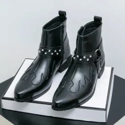Hot OUKU Men's Black Faux Leather Ankle Boots with Studded Strap and Unique Embroidery, Stylish Western Design, Perfect for Casual and Night Out Wear