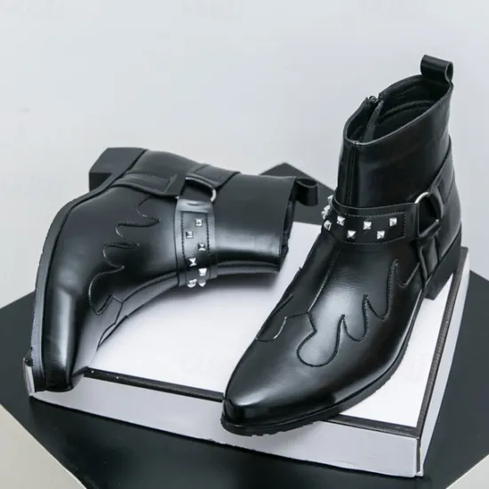 Hot OUKU Men's Black Faux Leather Ankle Boots with Studded Strap and Unique Embroidery, Stylish Western Design, Perfect for Casual and Night Out Wear