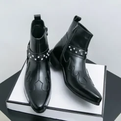 Hot OUKU Men's Black Faux Leather Ankle Boots with Studded Strap and Unique Embroidery, Stylish Western Design, Perfect for Casual and Night Out Wear