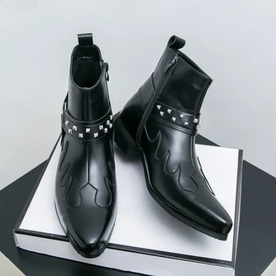 Hot OUKU Men's Black Faux Leather Ankle Boots with Studded Strap and Unique Embroidery, Stylish Western Design, Perfect for Casual and Night Out Wear