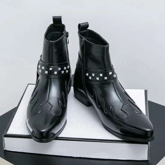 Hot OUKU Men's Black Faux Leather Ankle Boots with Studded Strap and Unique Embroidery, Stylish Western Design, Perfect for Casual and Night Out Wear