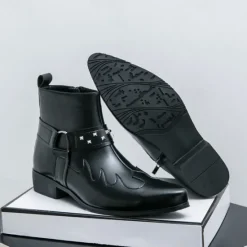 Hot OUKU Men's Black Faux Leather Ankle Boots with Studded Strap and Unique Embroidery, Stylish Western Design, Perfect for Casual and Night Out Wear
