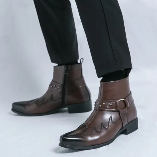 Hot OUKU Men's Black Faux Leather Ankle Boots with Studded Strap and Unique Embroidery, Stylish Western Design, Perfect for Casual and Night Out Wear