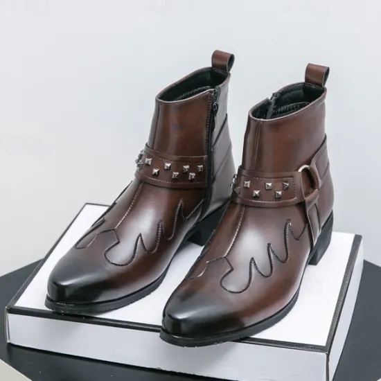 Hot OUKU Men's Black Faux Leather Ankle Boots with Studded Strap and Unique Embroidery, Stylish Western Design, Perfect for Casual and Night Out Wear