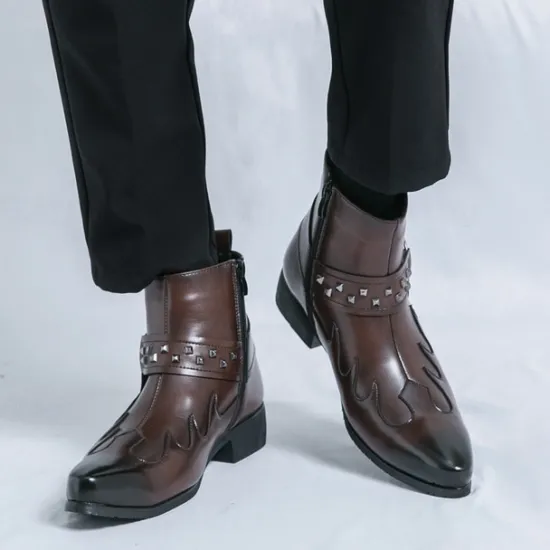 Hot OUKU Men's Black Faux Leather Ankle Boots with Studded Strap and Unique Embroidery, Stylish Western Design, Perfect for Casual and Night Out Wear