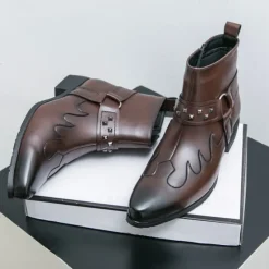 Hot OUKU Men's Black Faux Leather Ankle Boots with Studded Strap and Unique Embroidery, Stylish Western Design, Perfect for Casual and Night Out Wear