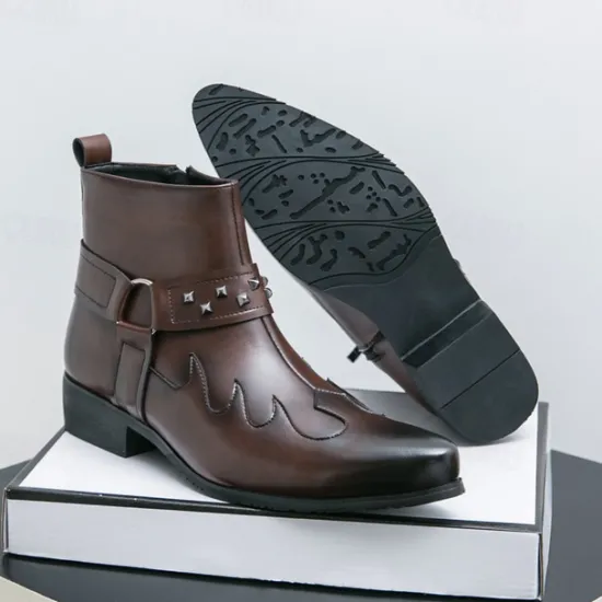 Hot OUKU Men's Black Faux Leather Ankle Boots with Studded Strap and Unique Embroidery, Stylish Western Design, Perfect for Casual and Night Out Wear