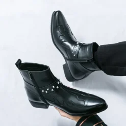 Hot OUKU Men's Black Faux Leather Ankle Boots with Studded Strap and Unique Embroidery, Stylish Western Design, Perfect for Casual and Night Out Wear