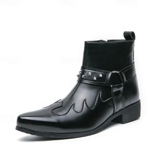 Hot OUKU Men's Black Faux Leather Ankle Boots with Studded Strap and Unique Embroidery, Stylish Western Design, Perfect for Casual and Night Out Wear