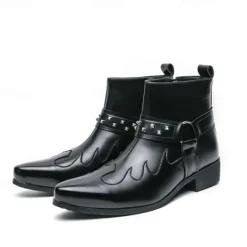Hot OUKU Men's Black Faux Leather Ankle Boots with Studded Strap and Unique Embroidery, Stylish Western Design, Perfect for Casual and Night Out Wear