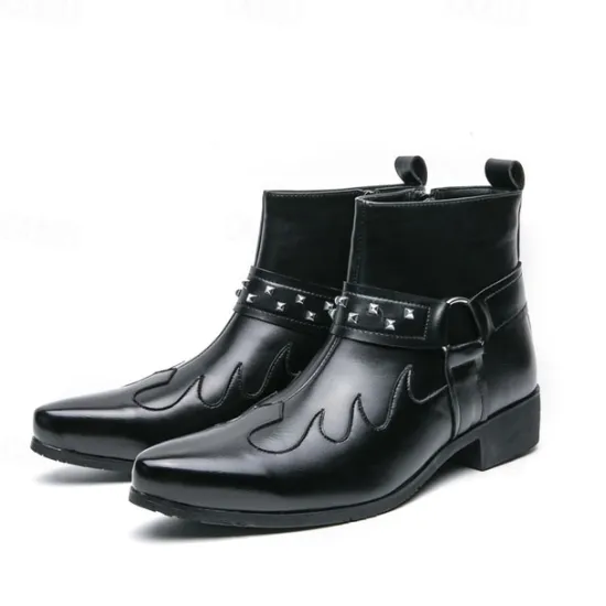 Hot OUKU Men's Black Faux Leather Ankle Boots with Studded Strap and Unique Embroidery, Stylish Western Design, Perfect for Casual and Night Out Wear