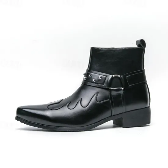 Hot OUKU Men's Black Faux Leather Ankle Boots with Studded Strap and Unique Embroidery, Stylish Western Design, Perfect for Casual and Night Out Wear