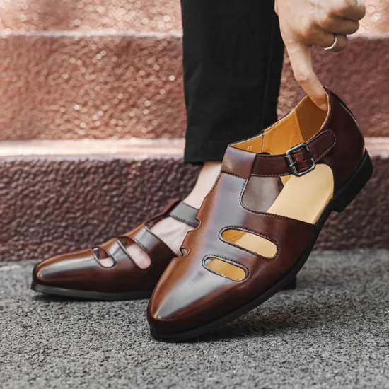 New OUKU Men's Black Faux Leather Fisherman Sandals with Buckle Strap and Cutout Design, Stylish and Comfortable for Casual, Outdoor and Summer Wear