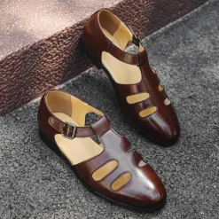 New OUKU Men's Black Faux Leather Fisherman Sandals with Buckle Strap and Cutout Design, Stylish and Comfortable for Casual, Outdoor and Summer Wear