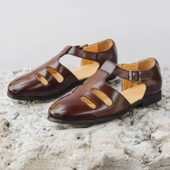 New OUKU Men's Black Faux Leather Fisherman Sandals with Buckle Strap and Cutout Design, Stylish and Comfortable for Casual, Outdoor and Summer Wear