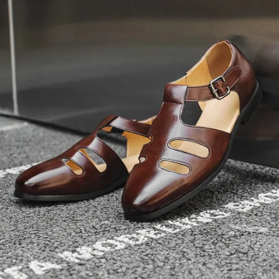 New OUKU Men's Black Faux Leather Fisherman Sandals with Buckle Strap and Cutout Design, Stylish and Comfortable for Casual, Outdoor and Summer Wear
