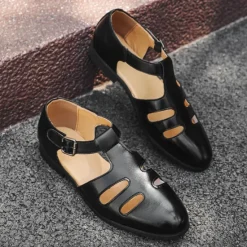 New OUKU Men's Black Faux Leather Fisherman Sandals with Buckle Strap and Cutout Design, Stylish and Comfortable for Casual, Outdoor and Summer Wear