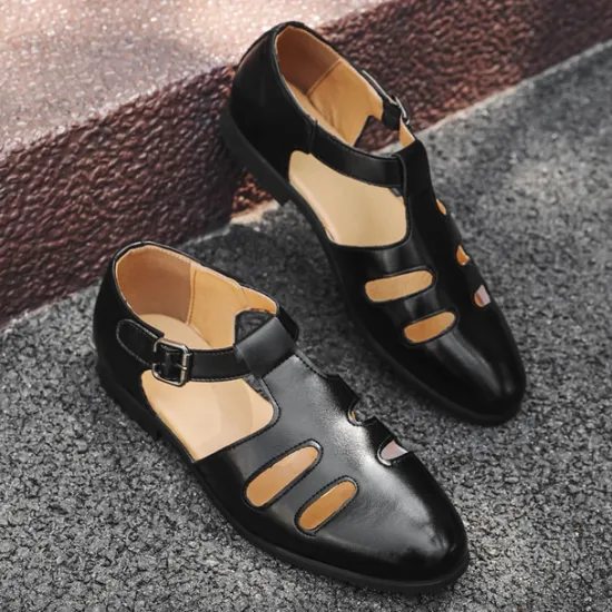 New OUKU Men's Black Faux Leather Fisherman Sandals with Buckle Strap and Cutout Design, Stylish and Comfortable for Casual, Outdoor and Summer Wear