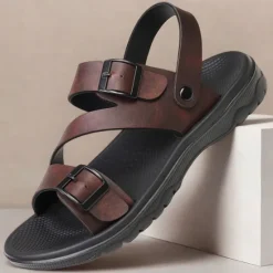 Discount OUKU Men's Black Faux Leather Sandals with Buckle Straps, Comfortable Casual Footwear for Summer and Outdoor Activities