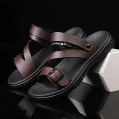 Discount OUKU Men's Black Faux Leather Sandals with Buckle Straps, Comfortable Casual Footwear for Summer and Outdoor Activities