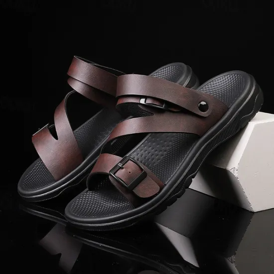 Discount OUKU Men's Black Faux Leather Sandals with Buckle Straps, Comfortable Casual Footwear for Summer and Outdoor Activities