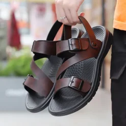 Discount OUKU Men's Black Faux Leather Sandals with Buckle Straps, Comfortable Casual Footwear for Summer and Outdoor Activities