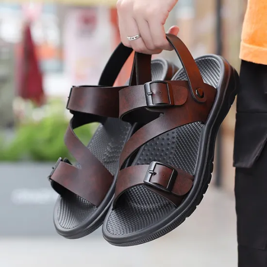 Discount OUKU Men's Black Faux Leather Sandals with Buckle Straps, Comfortable Casual Footwear for Summer and Outdoor Activities