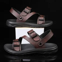 Discount OUKU Men's Black Faux Leather Sandals with Buckle Straps, Comfortable Casual Footwear for Summer and Outdoor Activities