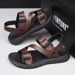 Discount OUKU Men's Black Faux Leather Sandals with Buckle Straps, Comfortable Casual Footwear for Summer and Outdoor Activities