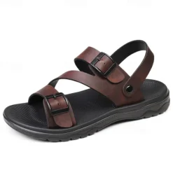 Discount OUKU Men's Black Faux Leather Sandals with Buckle Straps, Comfortable Casual Footwear for Summer and Outdoor Activities
