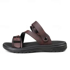 Discount OUKU Men's Black Faux Leather Sandals with Buckle Straps, Comfortable Casual Footwear for Summer and Outdoor Activities