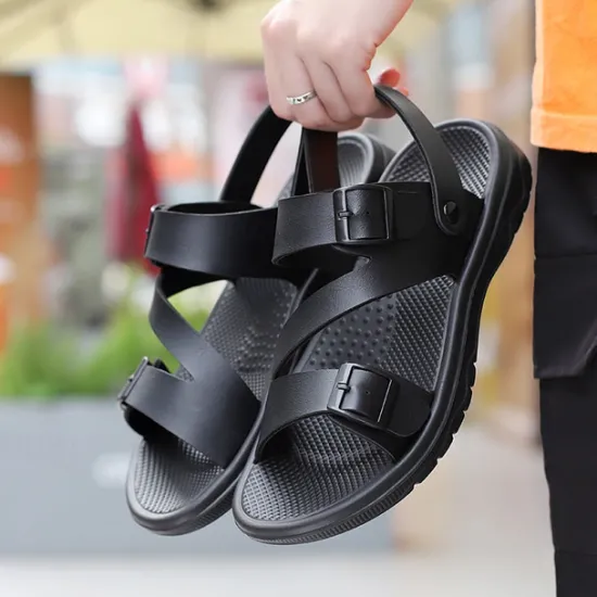 Discount OUKU Men's Black Faux Leather Sandals with Buckle Straps, Comfortable Casual Footwear for Summer and Outdoor Activities